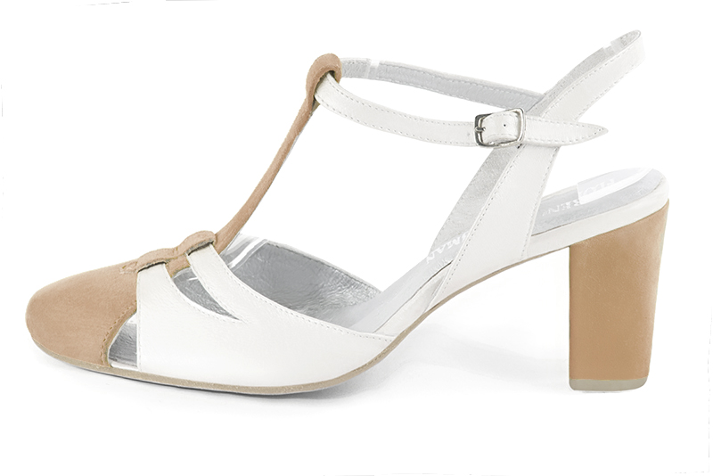 Tan beige and off white women's open back T-strap shoes. Round toe. High block heels - Florence KOOIJMAN